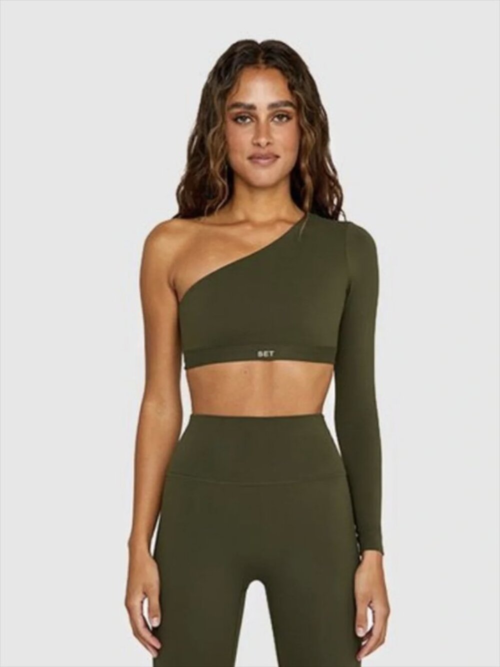SET Active Sportbody One‎ Shoulder Long Sleeve Crop Top Small Green Stretch
